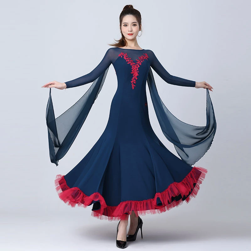 丹宝罗高档国标舞大摆连衣裙2025年女士时尚刺绣花边后飘表演长裙