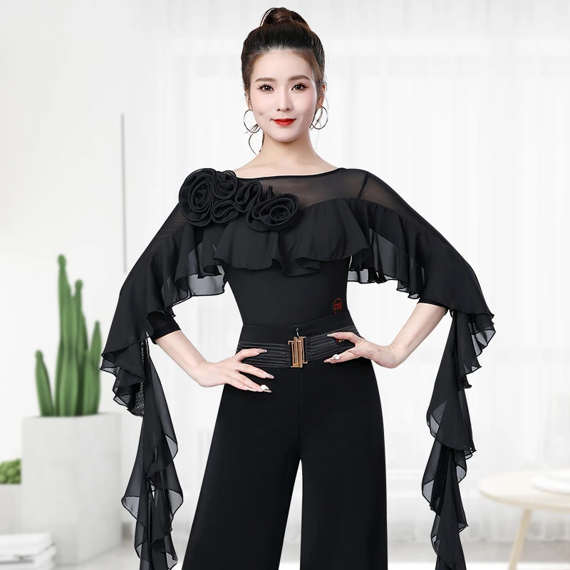 丹宝罗拉丁舞上衣2025新款女交谊舞小衫连体舞蹈服广场舞飘袖衣服