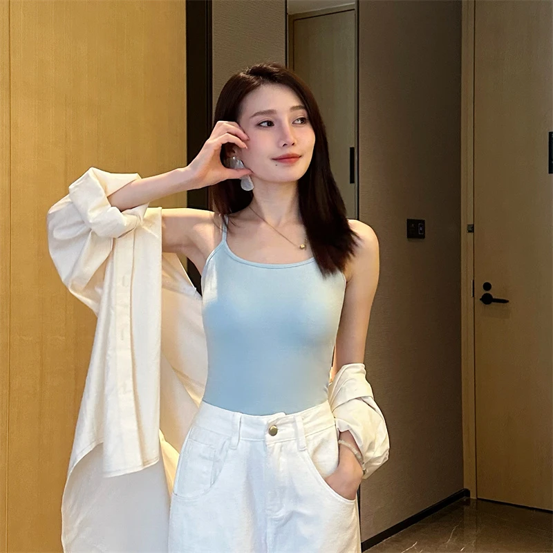 蓝色吊带小背心女夏外穿固定杯垫夏季百搭内搭修身显瘦短款上衣