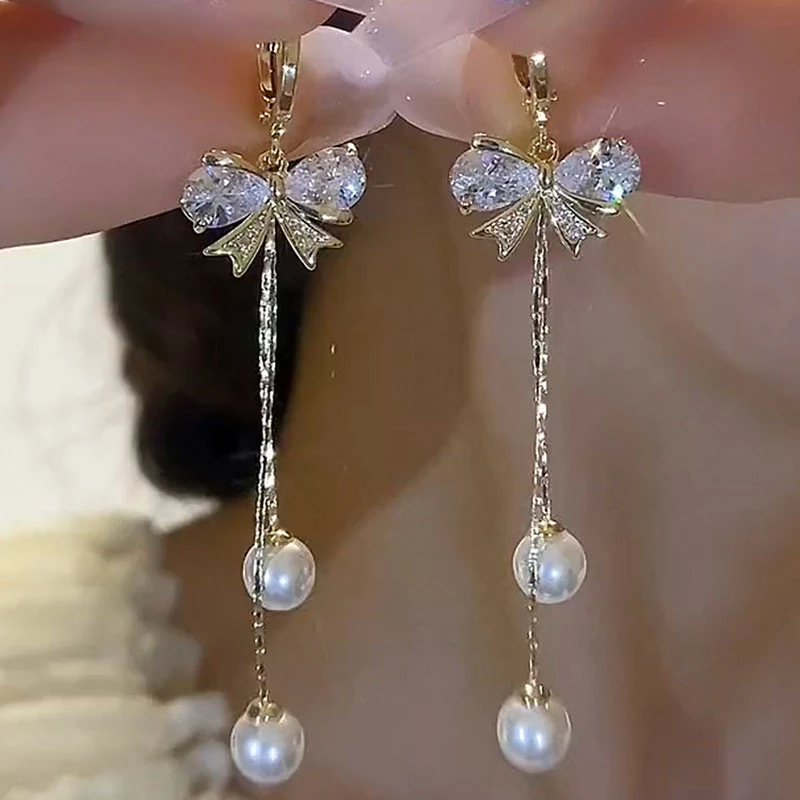 铜合金合成锆石耳饰 超闪蝴蝶结流苏耳环高级感长款耳坠气质耳饰