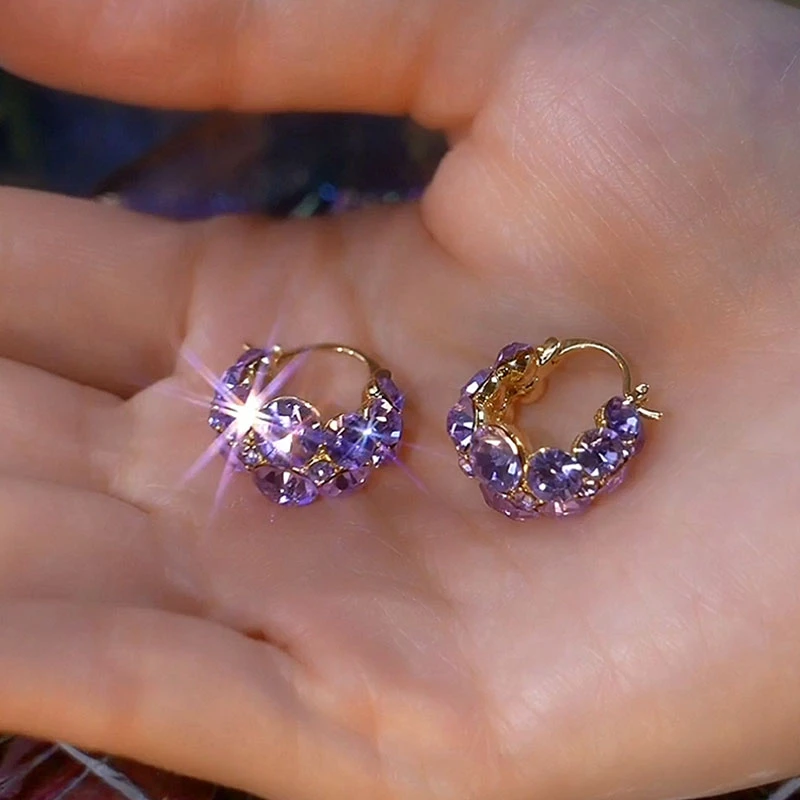 铜合金合成锆石耳饰 超闪紫色满钻圈圈耳扣设计感时尚法式女耳饰