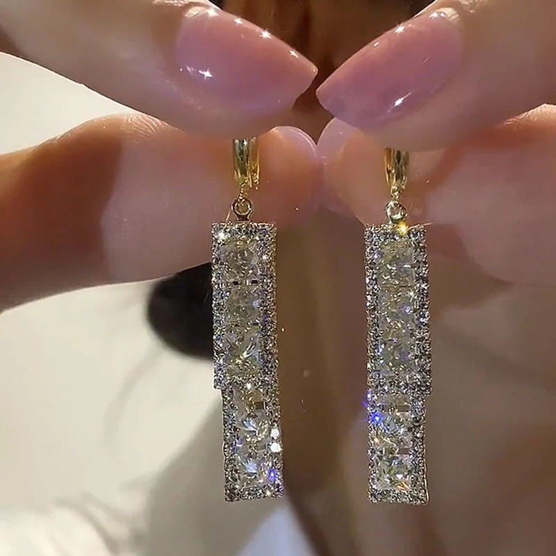 合金合成锆石耳饰 轻奢气质几何长款流苏耳环小众设计高级感耳环