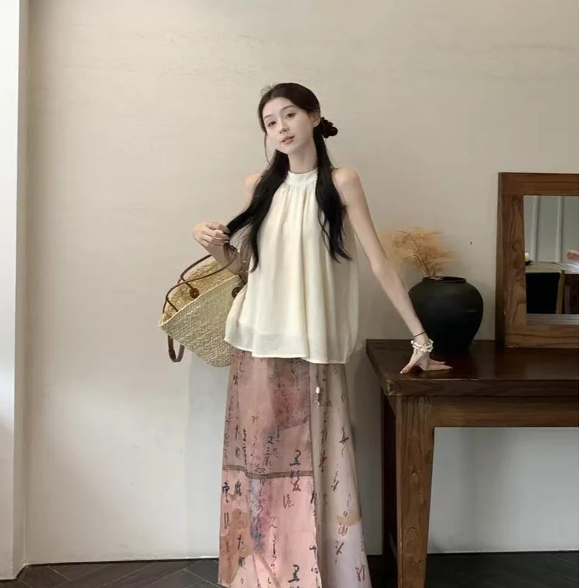无袖挂脖背心高腰水墨画半身裙女2024新款新中式国风两件套chic潮