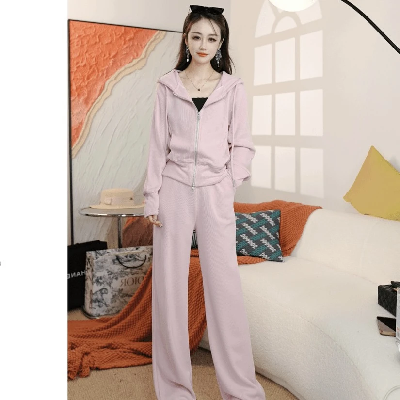 2024新款时尚休闲连帽开衫拉链阔腿两件套装女显瘦洋气