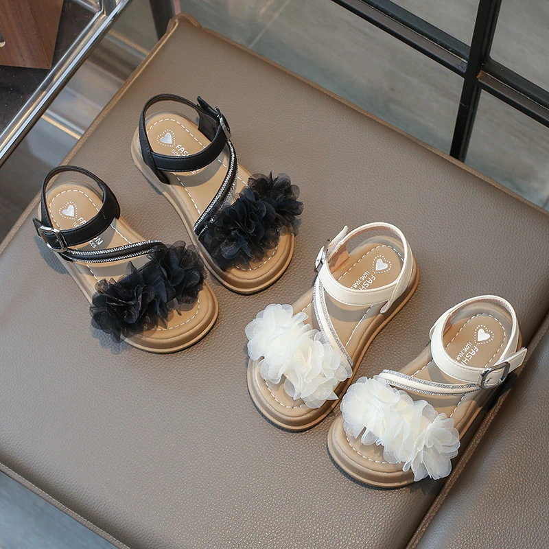 2025夏天凉鞋儿童厚底露趾沙滩鞋蕾丝花朵漂亮女童公主鞋按摩凉鞋