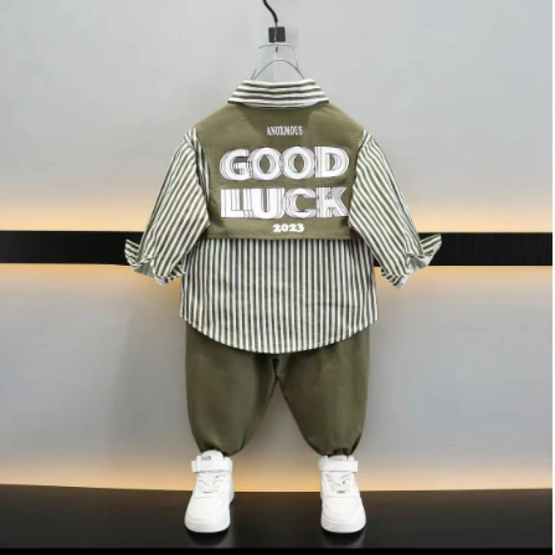 11445男童秋款竖条棉布套装两件套（衬衫+裤子）