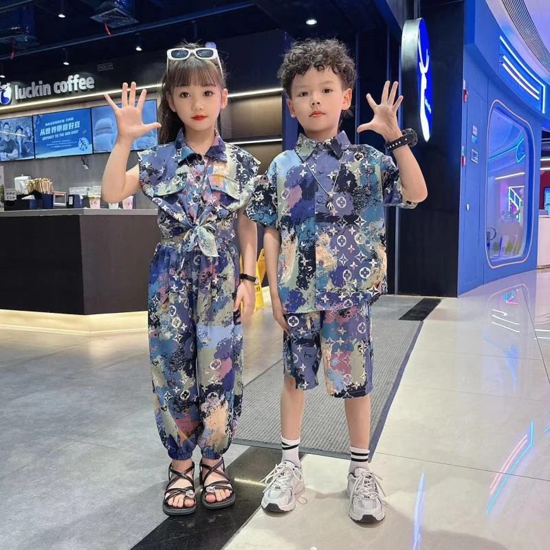 88961夏款男童女童姐弟款雪纺凉快舒适套装