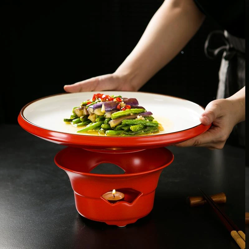 中式红色特色圆形浅汤盘子中餐厅酒店餐具加热蜡烛防风炉明炉餐具