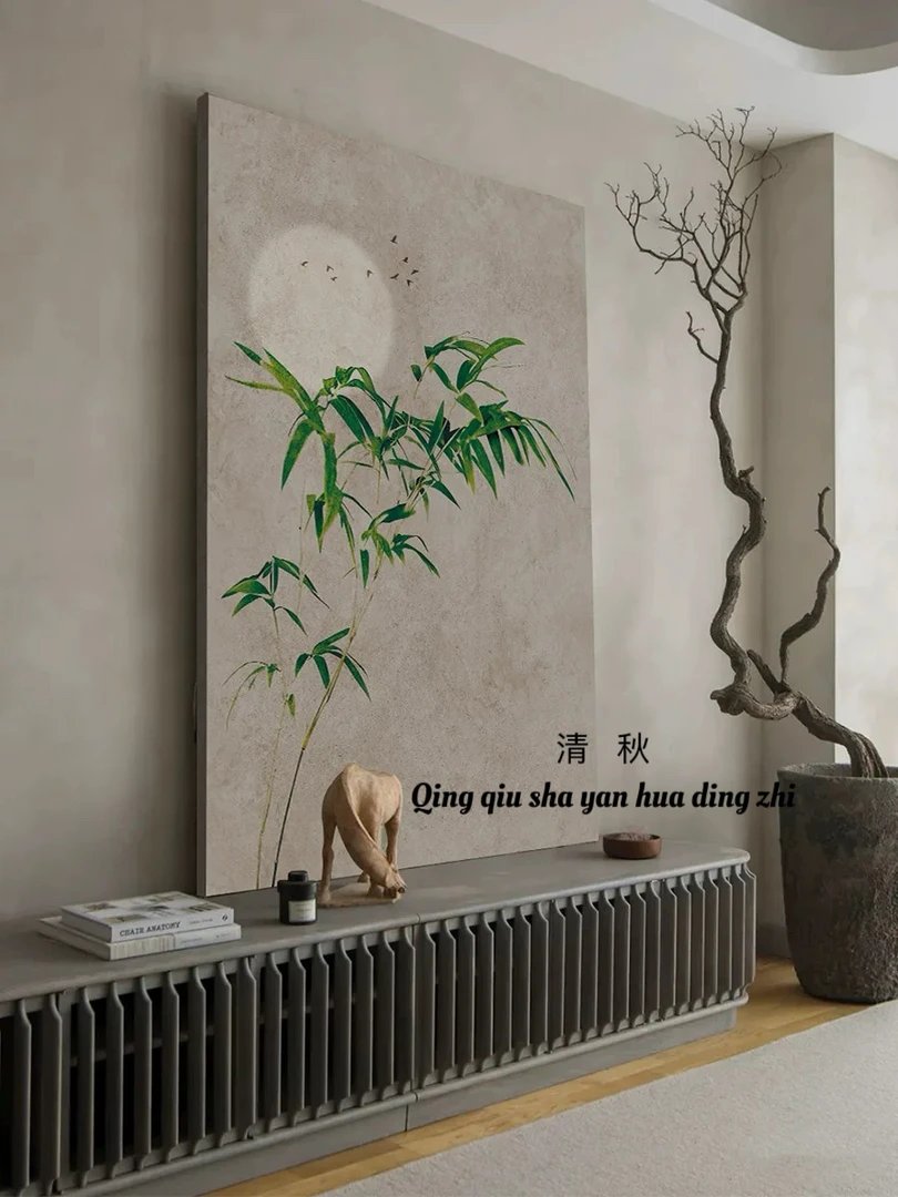 清秋行舟玄关挂画侘寂新中式现代简约山水竹子茶室客厅装饰画民宿
