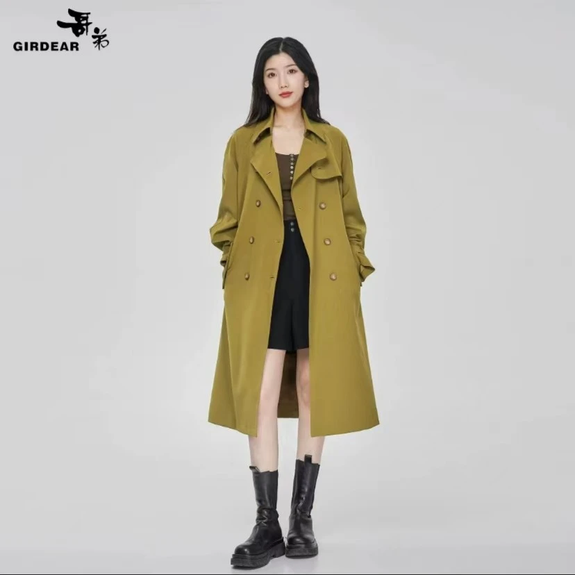 GIRDEAR/哥弟超模赫本风百搭宽松翻领双排扣长袖风衣外套1400164
