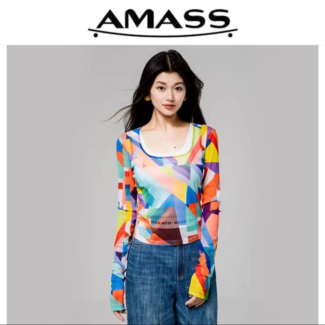 AMASS/阿玛施造型穿搭打底时尚显瘦大U领印花修身长袖T恤5300927