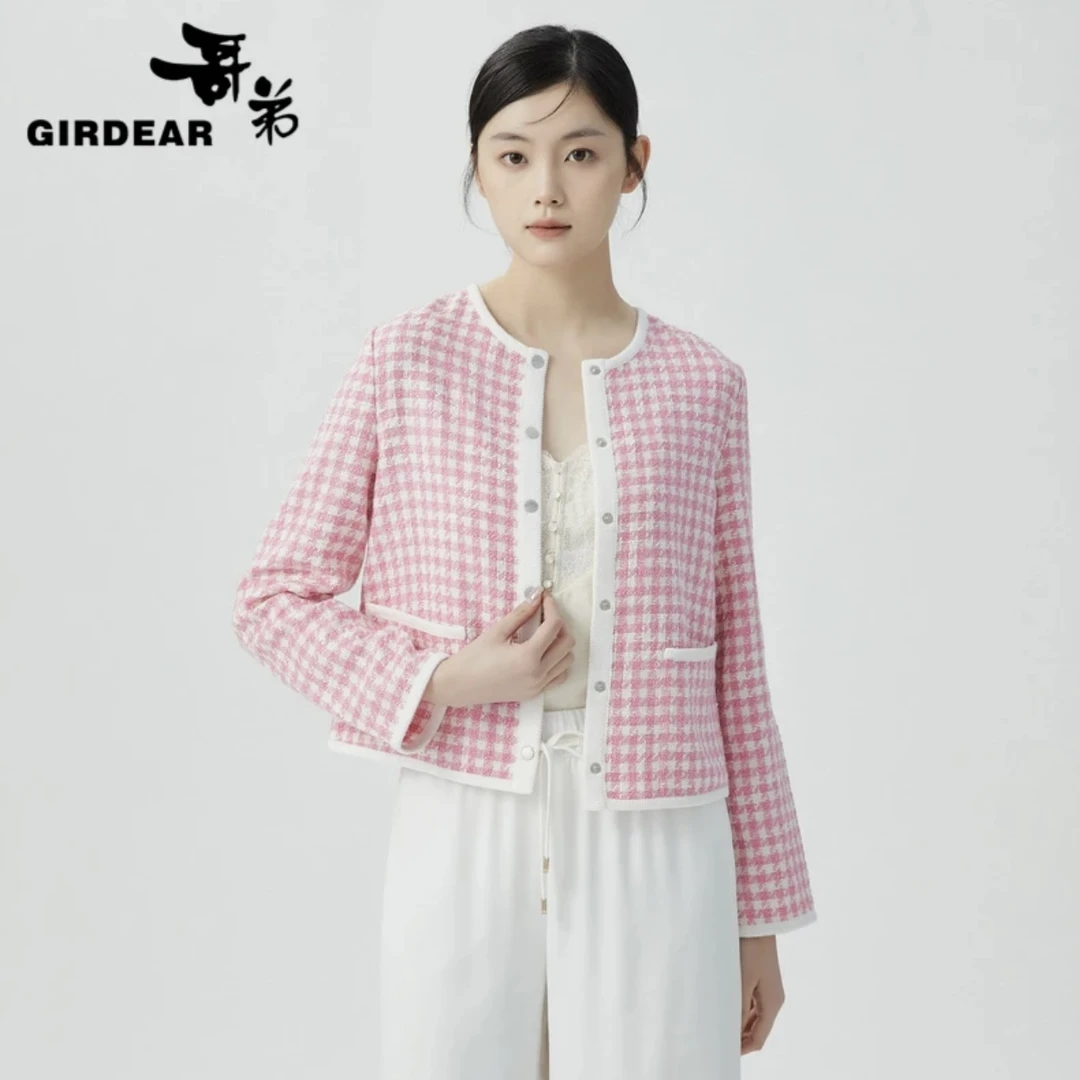 GIRDEAR/哥弟百搭气质圆领长袖千鸟格薄款小香风外套1400512
