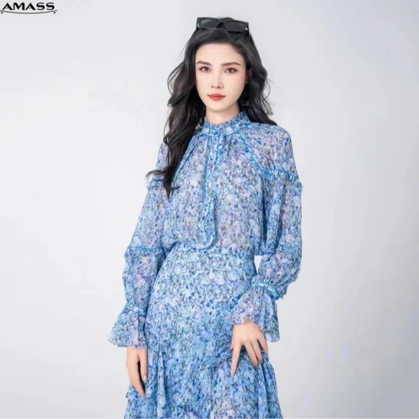 AMASS/阿玛施桑蚕丝浪漫复古宫廷荷叶袖透视廓形印花衬衫5300702