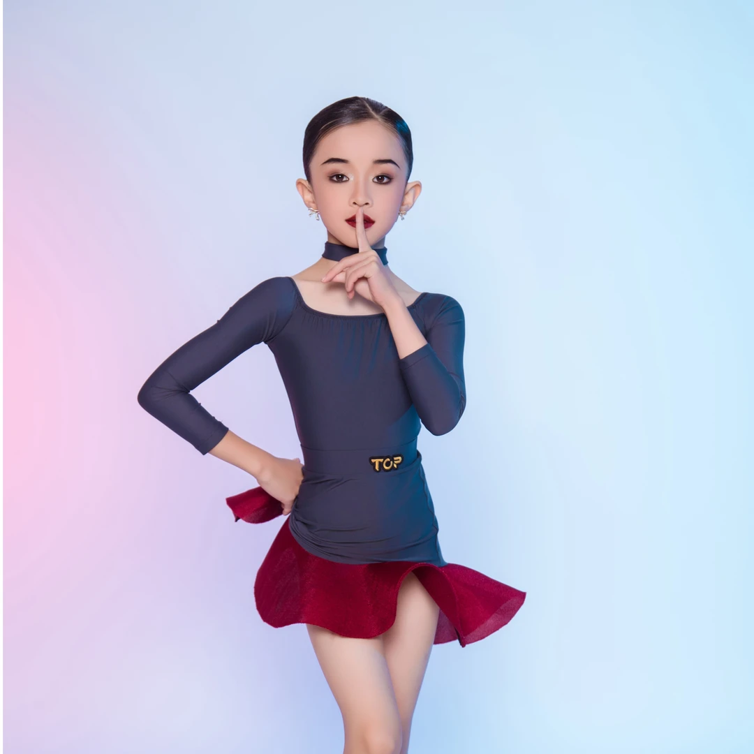 TOP秋冬长袖少儿拉丁精英班儿童女练习服枪灰色分体鱼尾