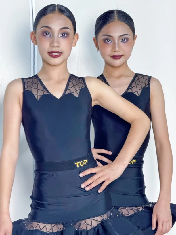 TOP黑色无袖练习服两件套网纱美背上衣连档裙摆鱼骨透气锦纶高弹