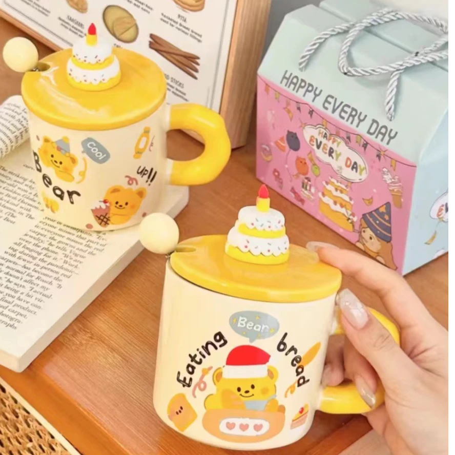 (拍一拆二)陶瓷马克杯可爱情侣家用超萌带盖学生创意