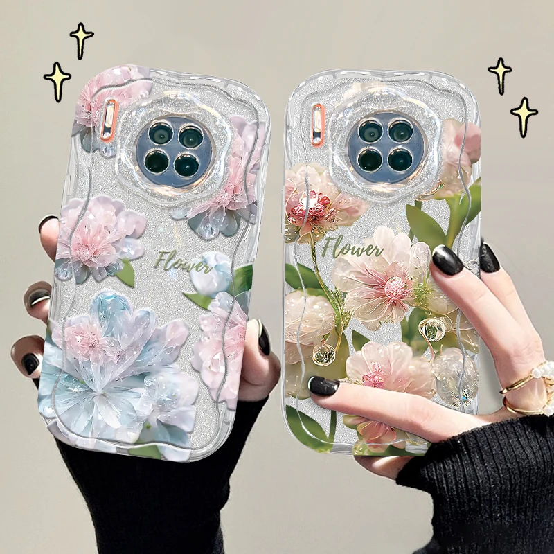 适用于华为mate30手机壳水晶花奶油纹透明软壳镜头全包防摔保护套