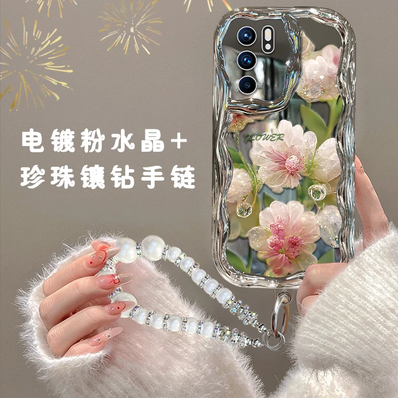 适用于opporeno6手机壳电镀奶油纹镂空水晶花全包防摔保护套