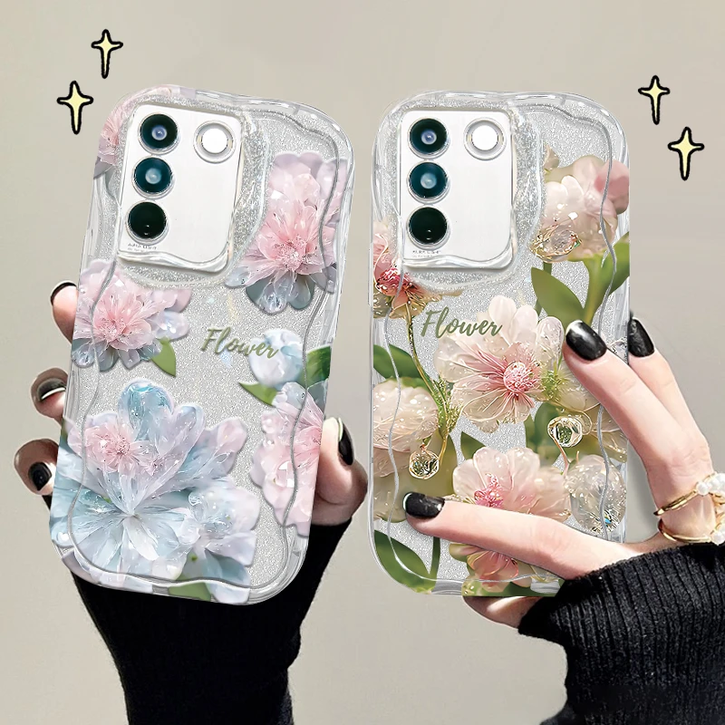 适用于vivos16e手机壳水晶花奶油纹透明软壳镜头全包防摔保护套