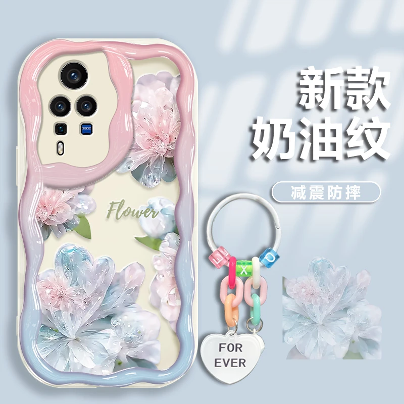 适用于vivox60pro手机壳渐变水晶花奶油纹硅胶防摔软壳镜头全包