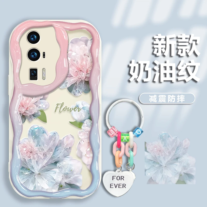 适用于红米K60手机壳渐变水晶花奶油纹硅胶防摔软壳镜头全包