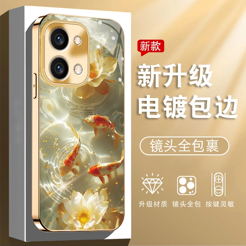 适用OPPOreno9/pro+手机壳粉荷锦鲤新款电镀玻璃壳金色壳防摔保护