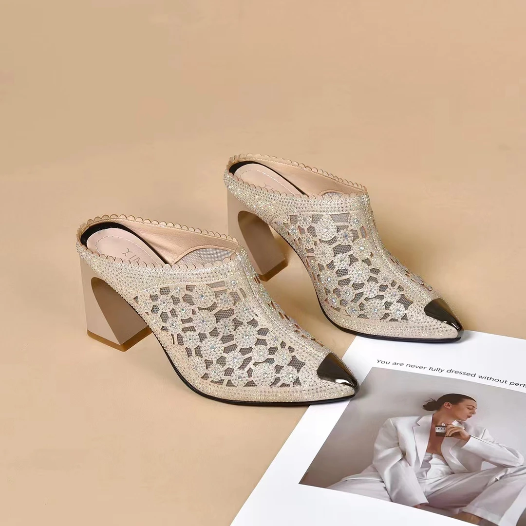 满天星烫钻网纱包头凉拖女2024年夏季新款气质时尚透气法式尖头拖