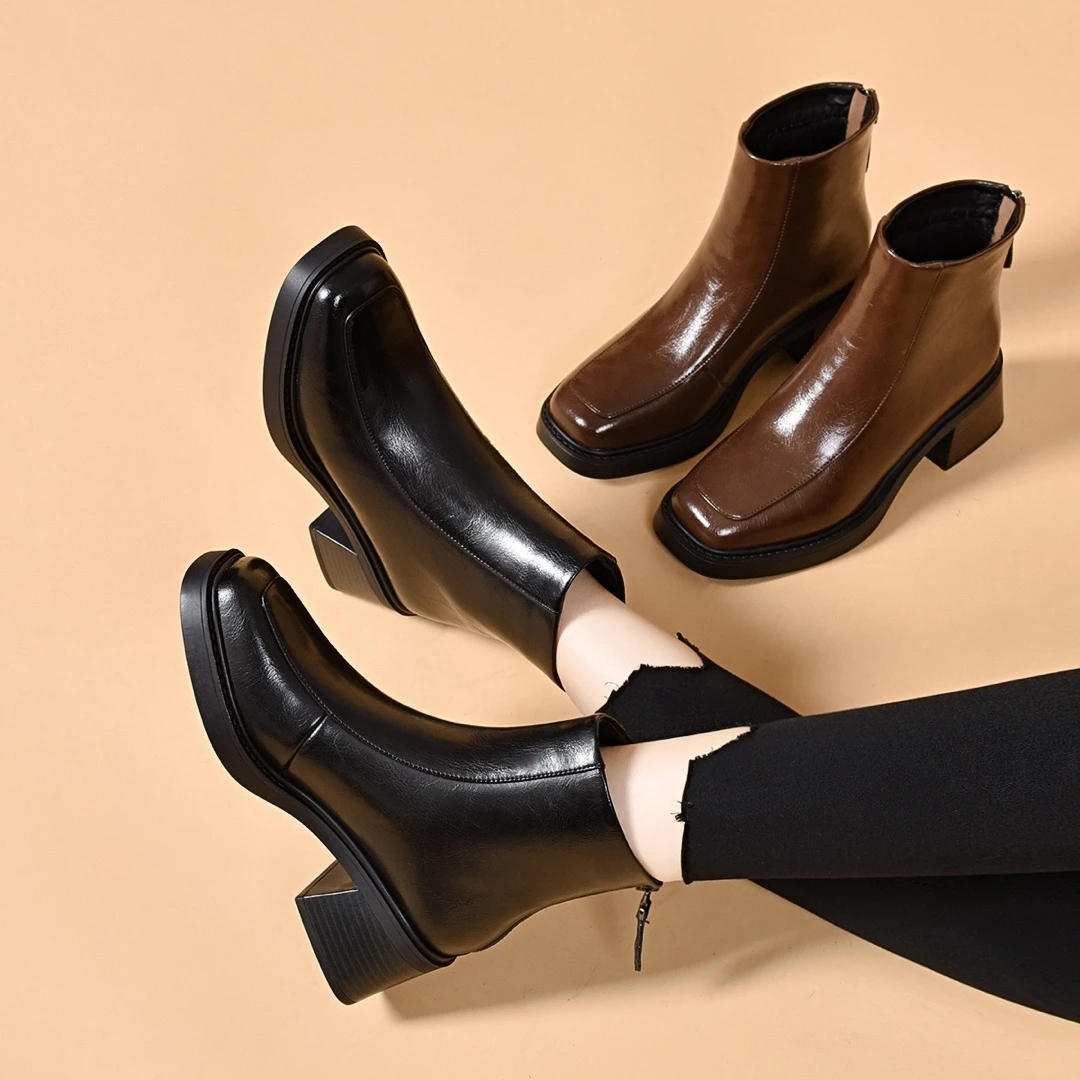 切尔西后拉链真皮短靴女2024年秋冬新款方头短靴粗跟时尚百搭裸靴