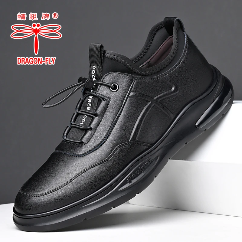 蜻蜓牌男鞋新款黑色软面底潮流运动鞋秋冬加绒一脚蹬休闲百搭皮鞋