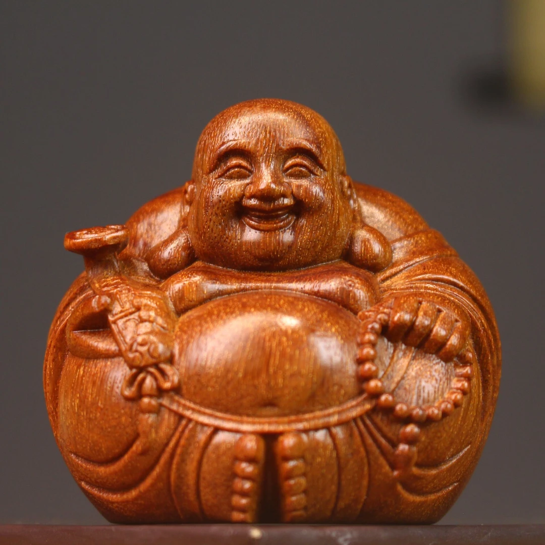 爆满金星紫檀木弥勒佛笑佛手把件根雕工艺招财进宝笑口常开摆件