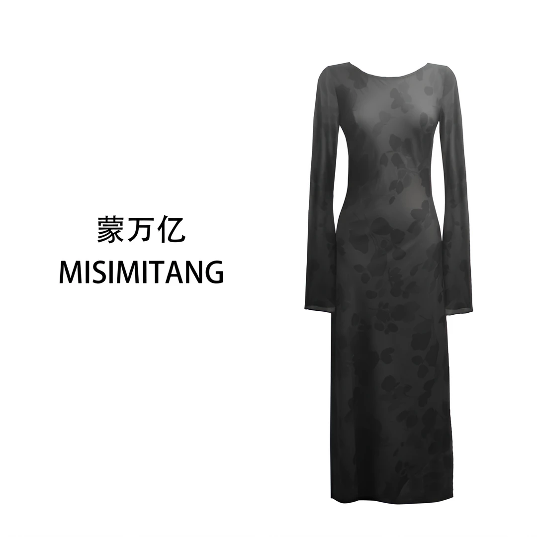 【梦境长款】新款秋上新黑色提花时尚斜裁连衣裙复古法式高智淡人