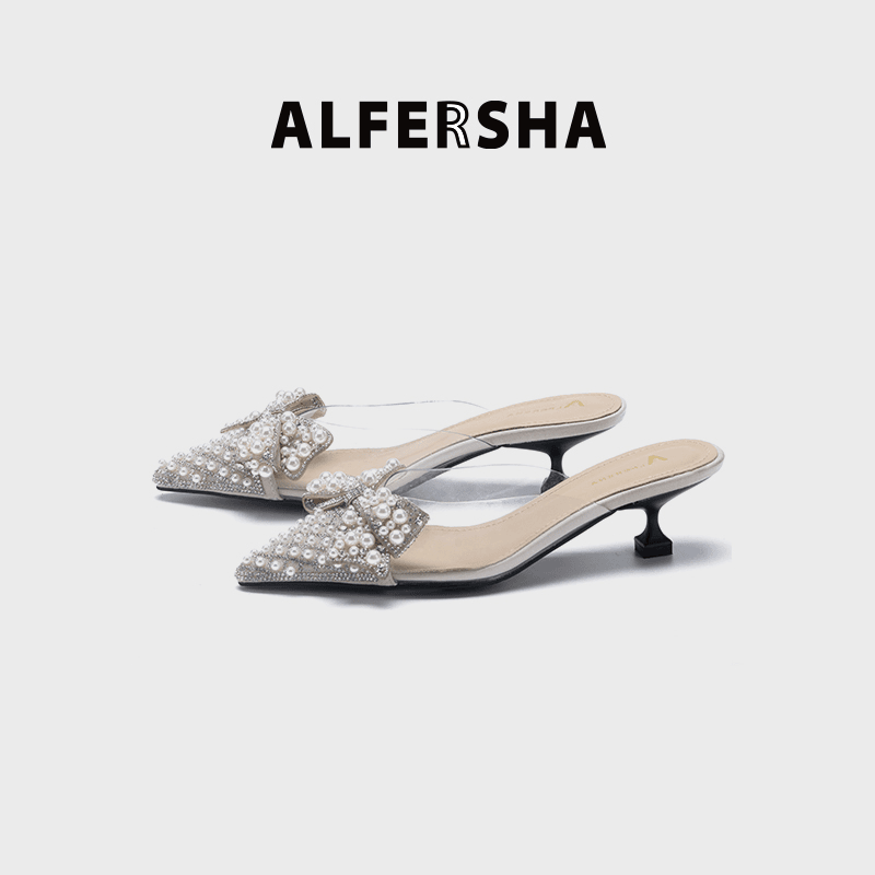 阿芙莎/ALFERSHA珍珠拖80021新款时尚珍珠名媛风蝴蝶结包头拖