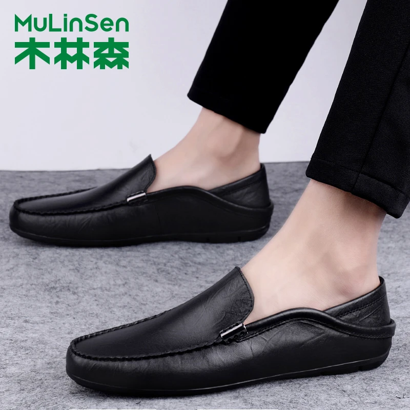 木林森鞋子男鞋男士百搭夏季透气软底豆豆鞋真皮春季潮鞋秋季