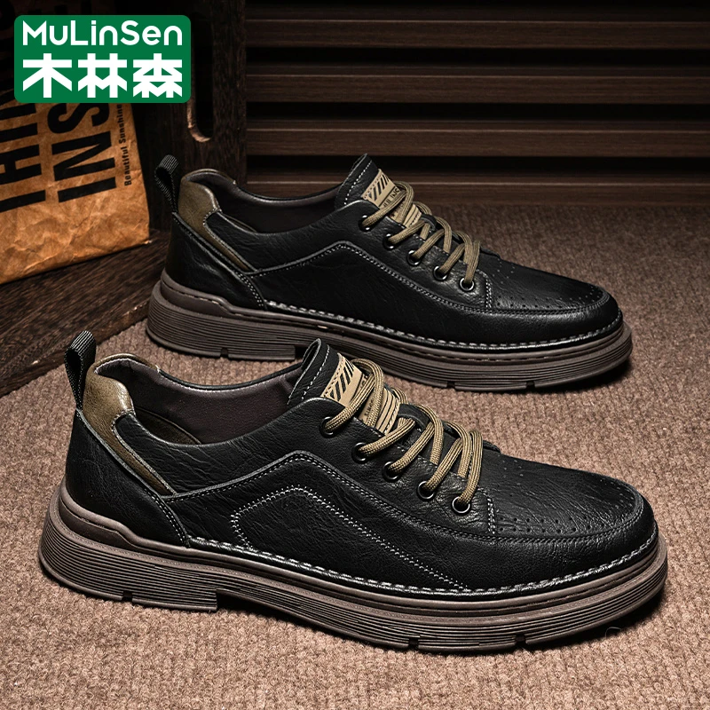 木林森男鞋男士皮鞋运动休闲百搭潮流秋季透气黑色防水潮鞋防滑JB