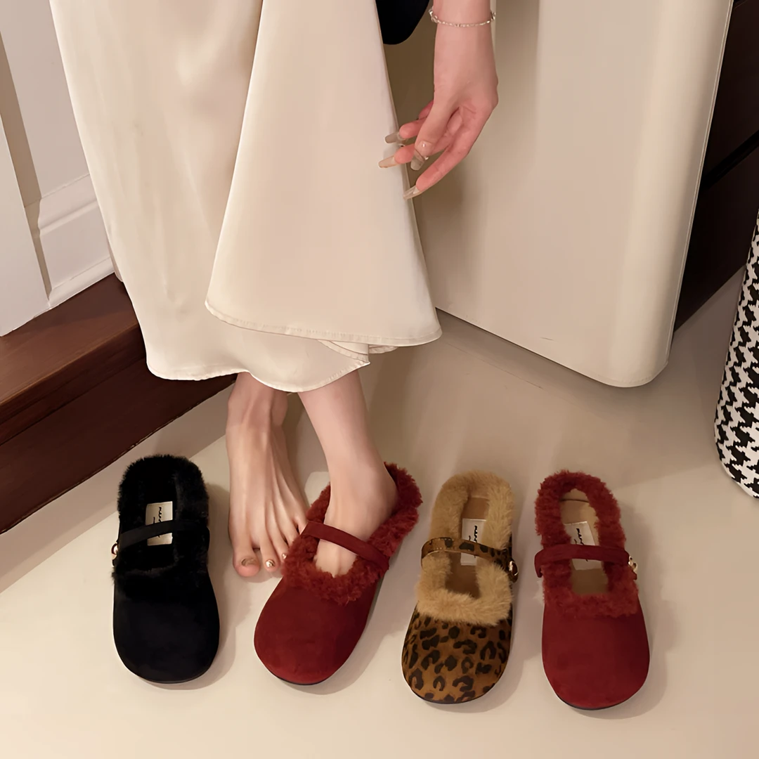 法式温柔仙女网红毛毛鞋女秋冬懒人一脚蹬豹纹加绒包头厚底半拖鞋