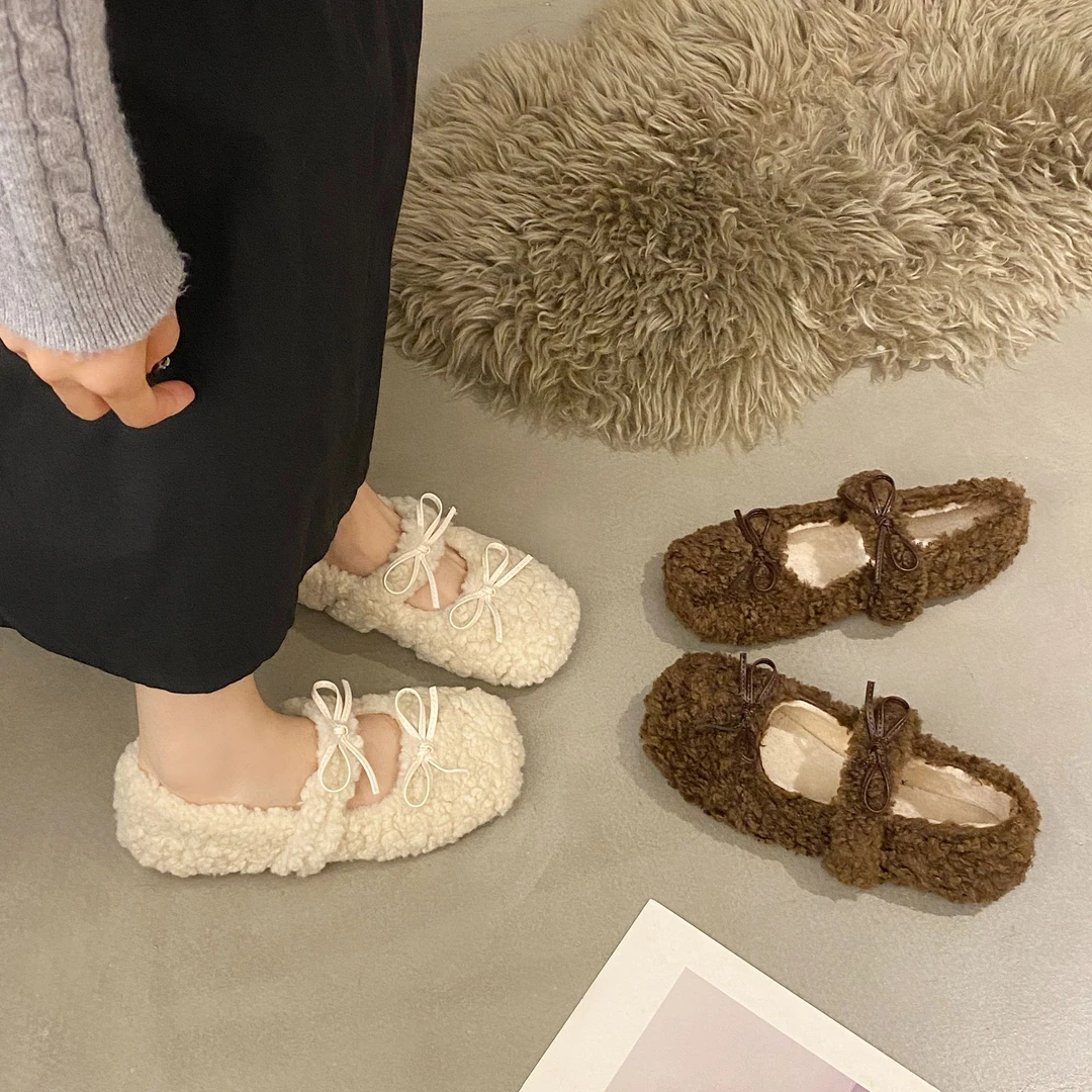 网红时尚平底保暖毛毛鞋女2024年秋冬新款外出居家宿舍软底豆豆鞋