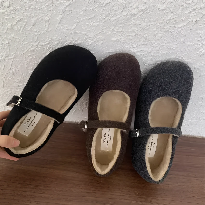 平底毛毛单鞋女冬季新款时尚洋气复古一字带玛丽珍加绒浅口豆豆鞋