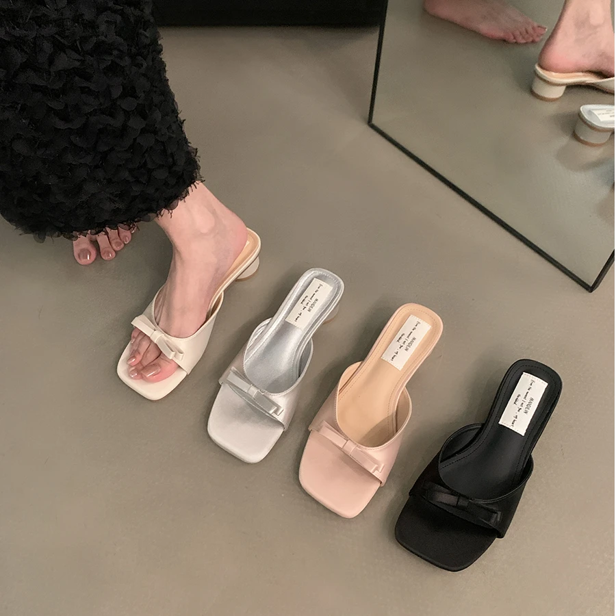 粗跟法式小凉拖鞋仙女鞋子外穿2024新款夏季配裙子蝴蝶结方头凉鞋