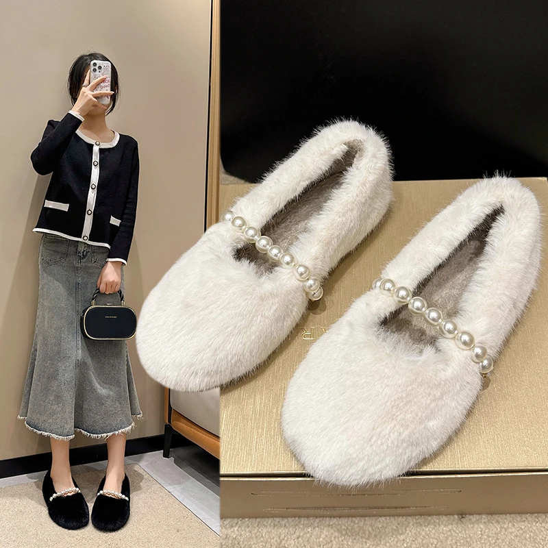白色平底毛毛棉鞋女冬外穿2023学院风百搭珍珠一脚蹬毛毛豆豆鞋女