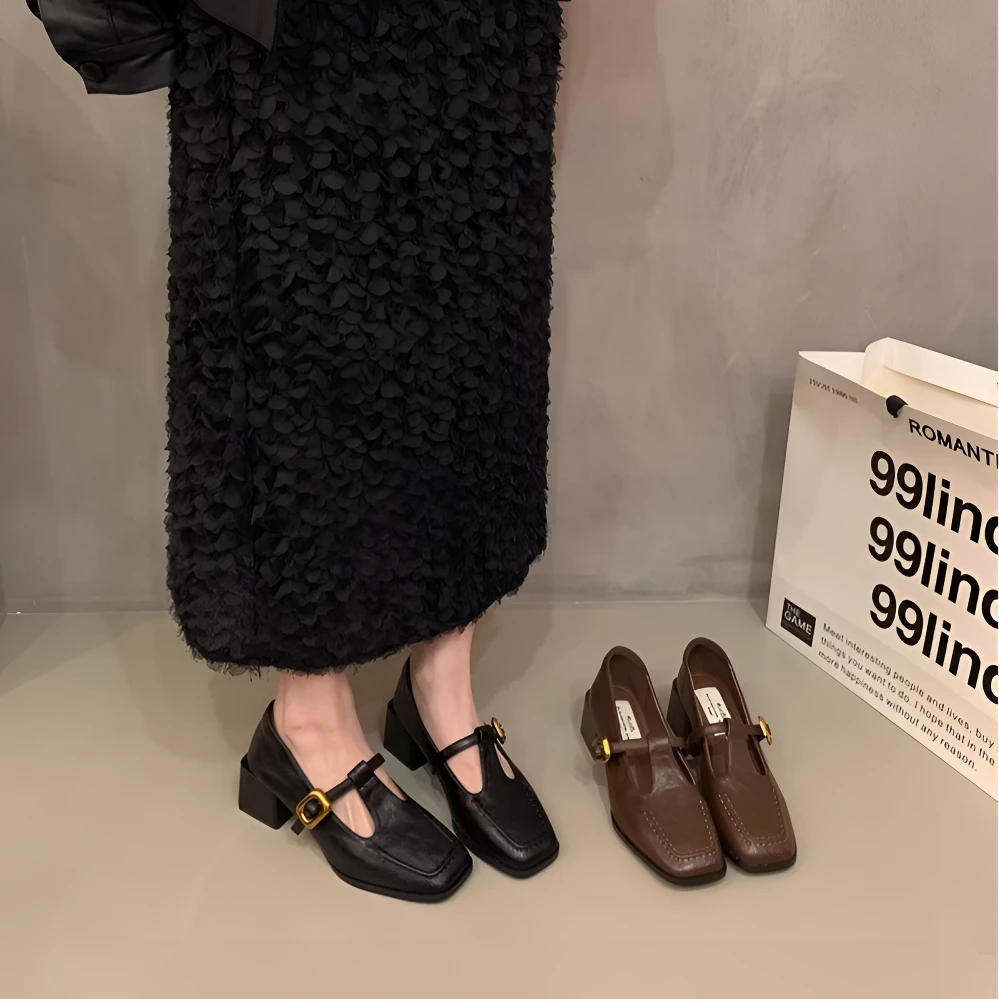 复古优雅玛丽珍鞋女2025春秋新款法式气质搭扣方头浅口粗跟小皮鞋