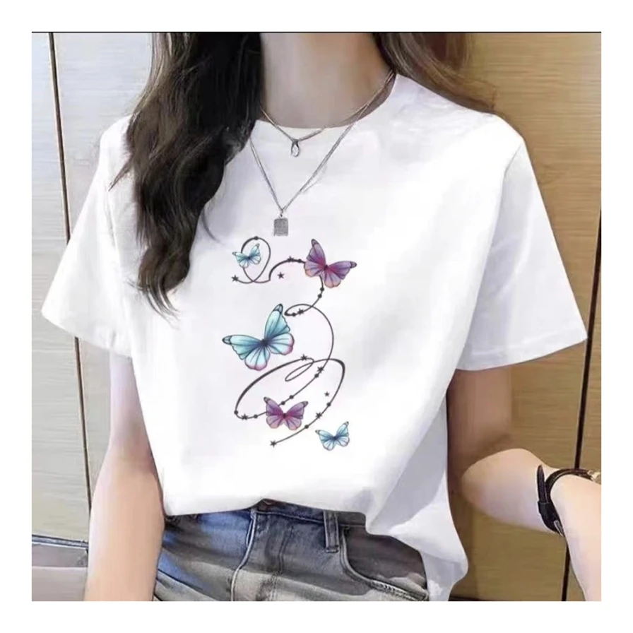 2023新款短袖女小个子简约百搭短款【流星蝴蝶】潮流印花T恤
