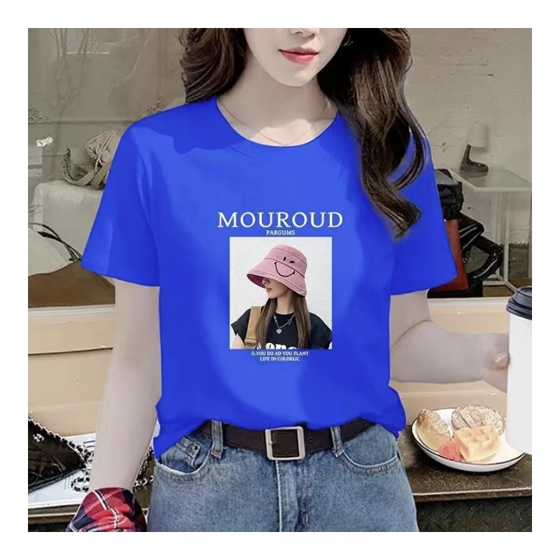 女士t恤短袖纯棉时尚宽松百搭洋气印花半袖韩版小众圆领体恤美女