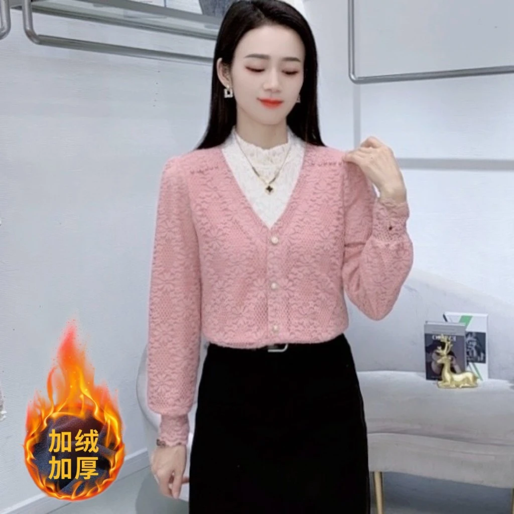 A7729假两件蕾丝拼接修身显瘦冬季新款打底衫百搭时尚上衣