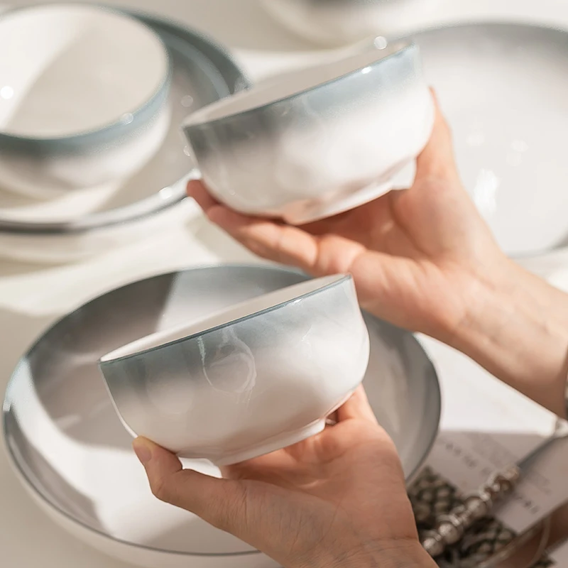 烟雨瑶饭碗家用釉下彩渐变陶瓷碗组合米饭碗面碗汤碗大号可微波炉