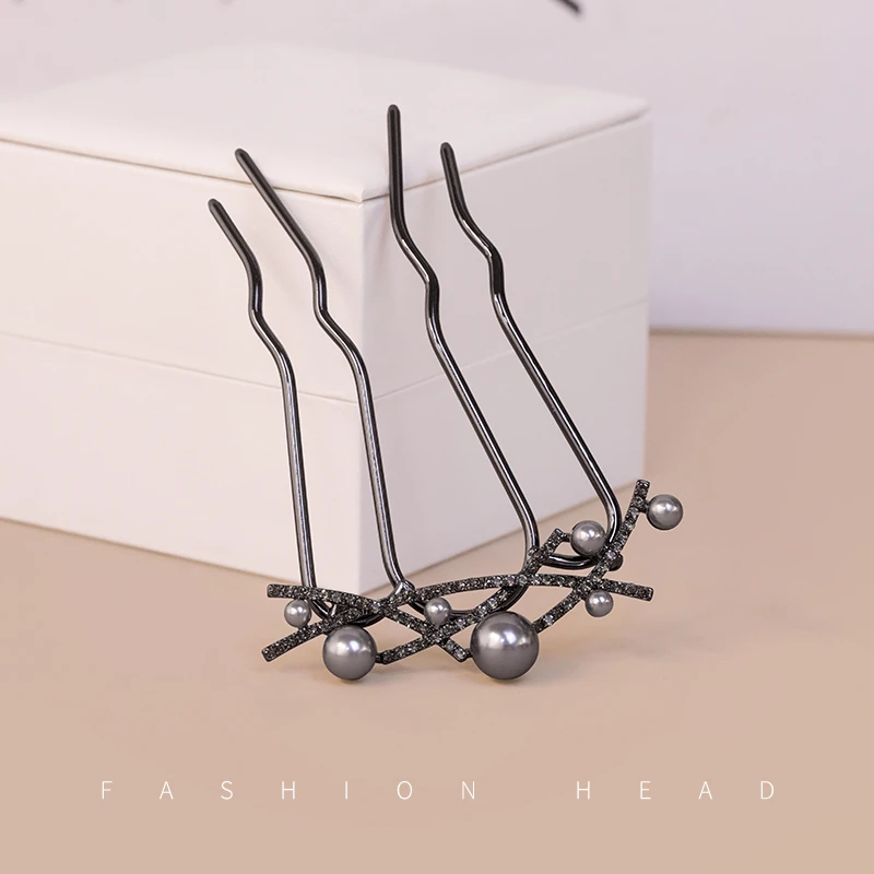 珍珠u型发簪女高级感水钻插梳发钗古风新中式簪子盘发神器头饰女