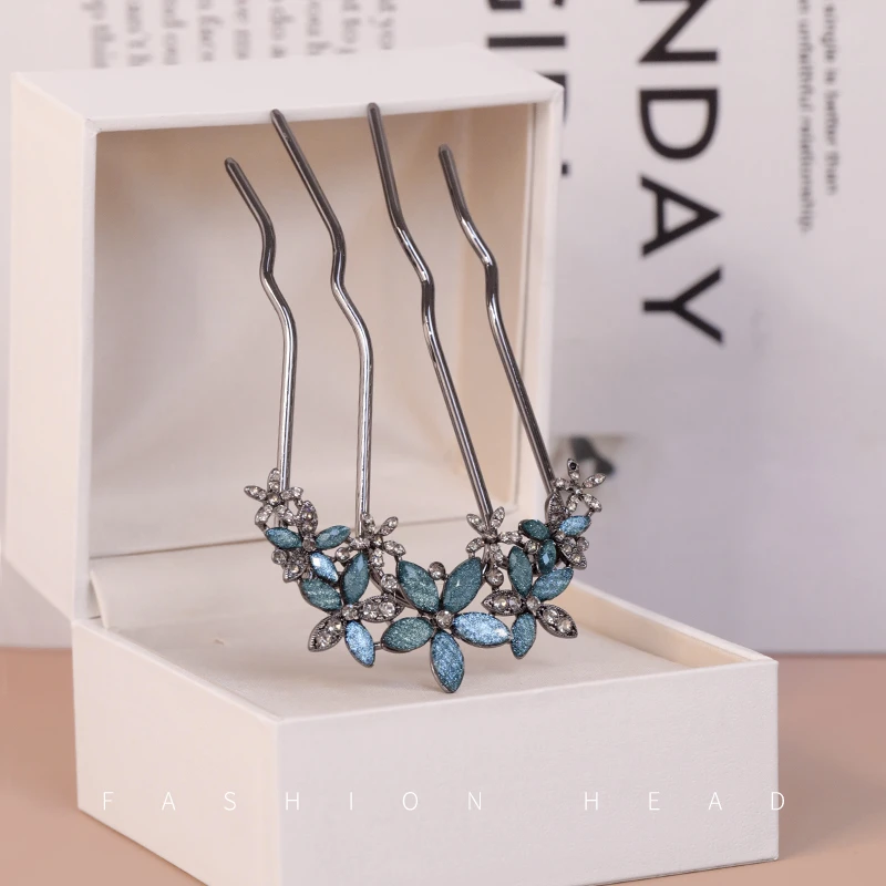 高级感琉璃花朵U型发簪女后脑勺盘发簪子现代简约丸子头插梳发钗