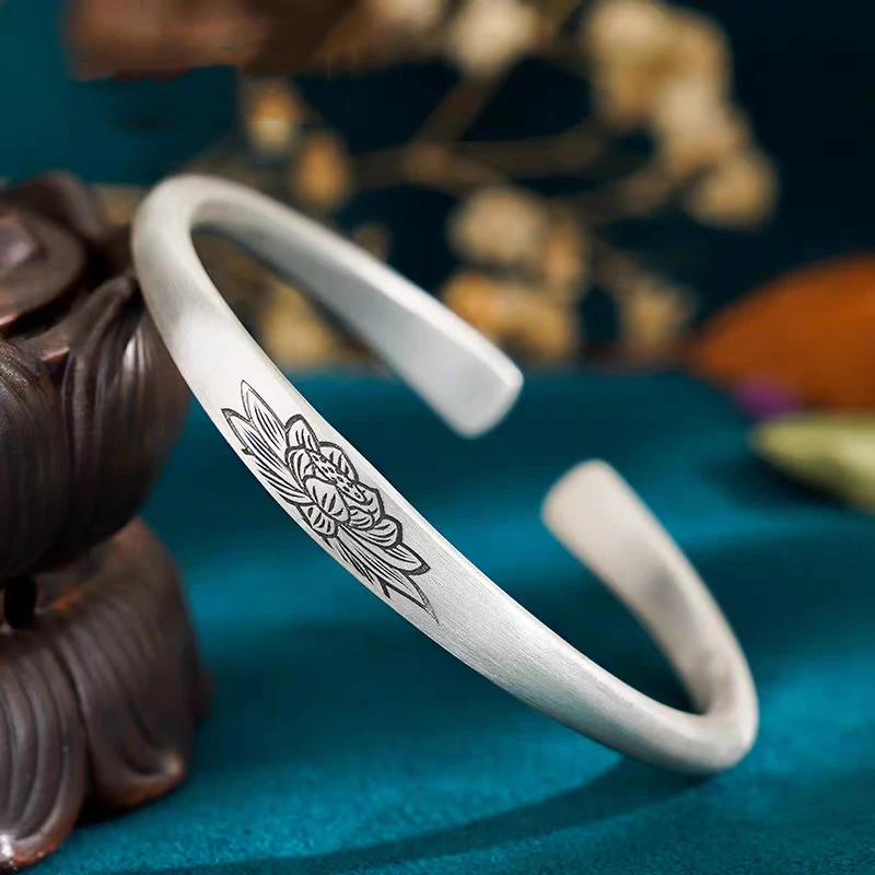 足银手镯 050复古磨砂莲花开口手镯民族风古法祥云如意女镯子