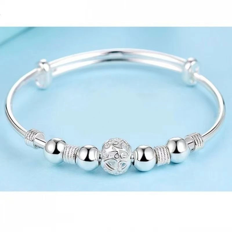 足银手镯 032玲珑球灯笼转运珠手镯推拉可调节足银999.9手镯