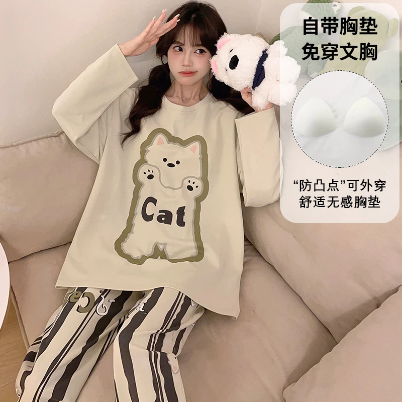 睡衣女带胸垫一体春秋款长袖纯棉薄款卡通大码学生女士家居服套装