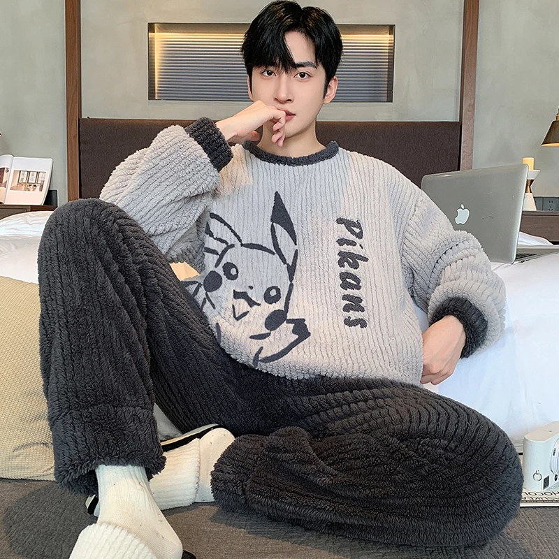 男士珊瑚绒睡衣秋冬季加绒加厚法兰绒大码青少年学生冬天款家居服